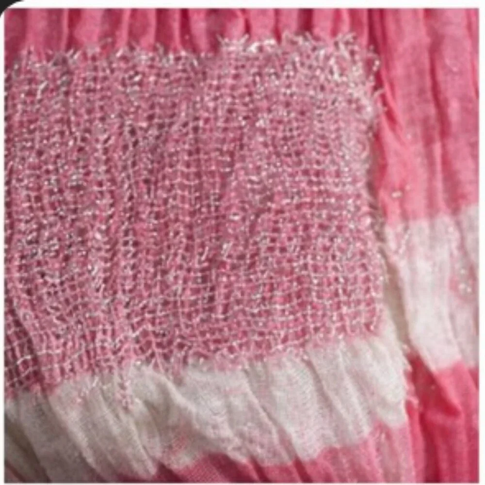 💗 Vintage Pink & White Crinkle Scarf with Silver Metallic Thread | Playful